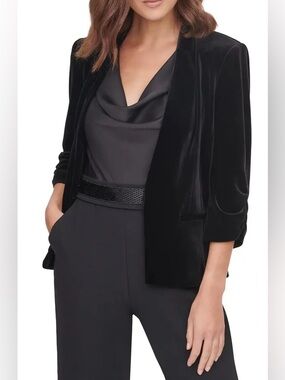 Eliza J | Black Velvet Ruched Sleeve Tailored Blazer - Feminine Chic - SZ M